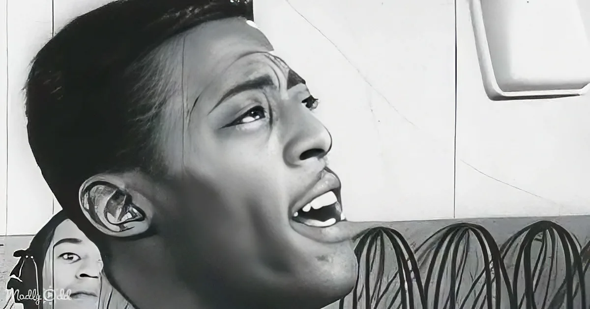 A black-and-white image of a person with a surprised expression, with a smaller figure in the background.