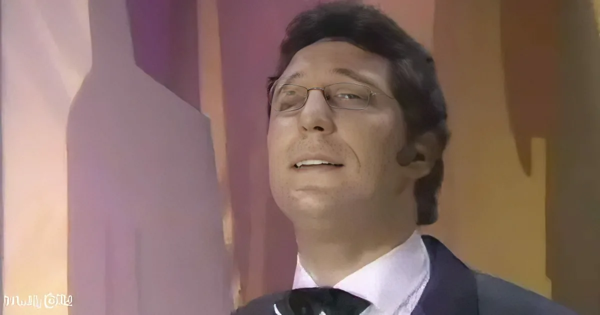 A man in a suit and tie is smiling, looking upward, with a colorful background.