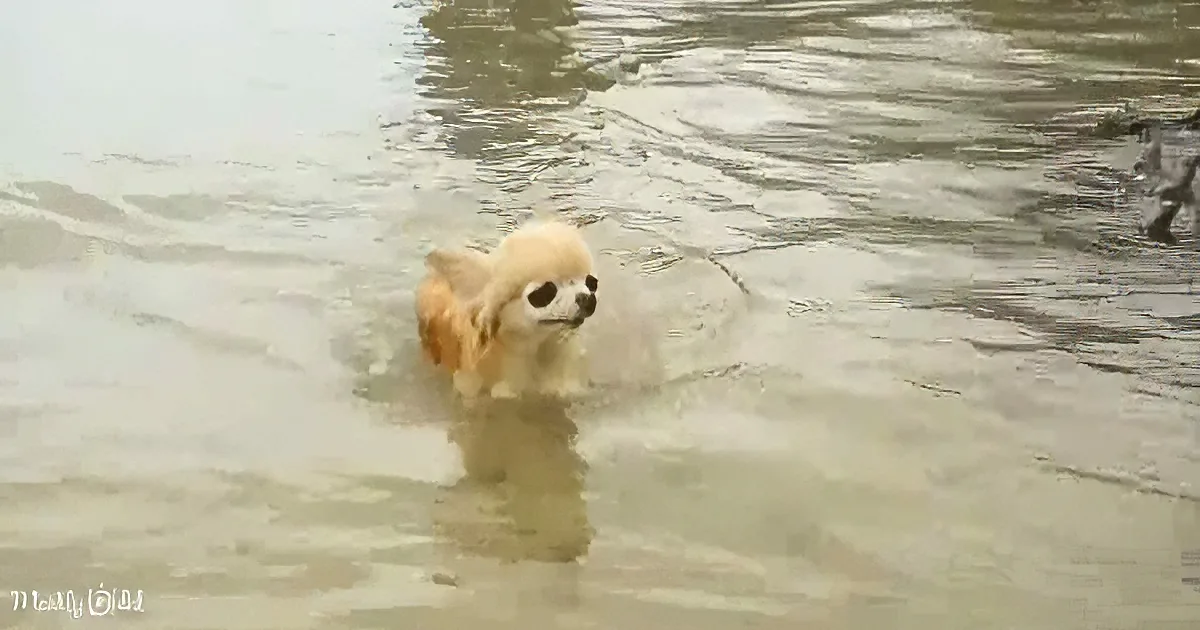 A small, fluffy dog with a light brown coat is standing in shallow water, looking to the side.