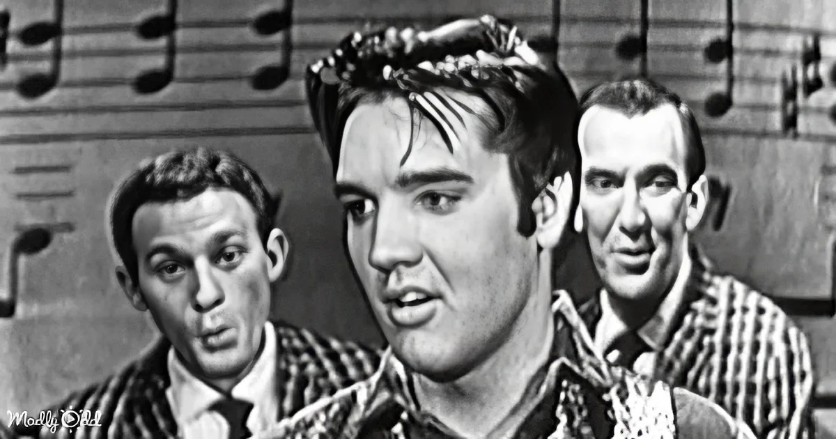 Elvis Presley sings passionately, flanked by two men in plaid shirts, with musical notes in the background.