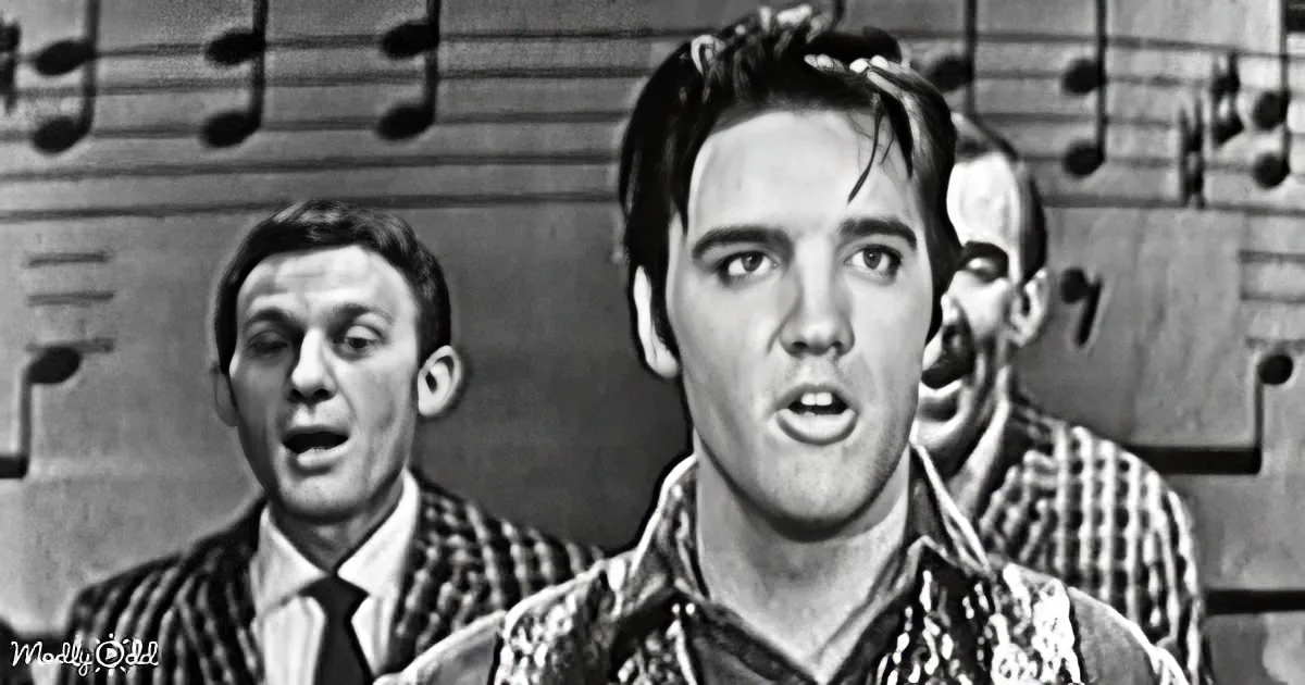 Elvis Presley sings passionately with two backup singers, sheet music in the background.