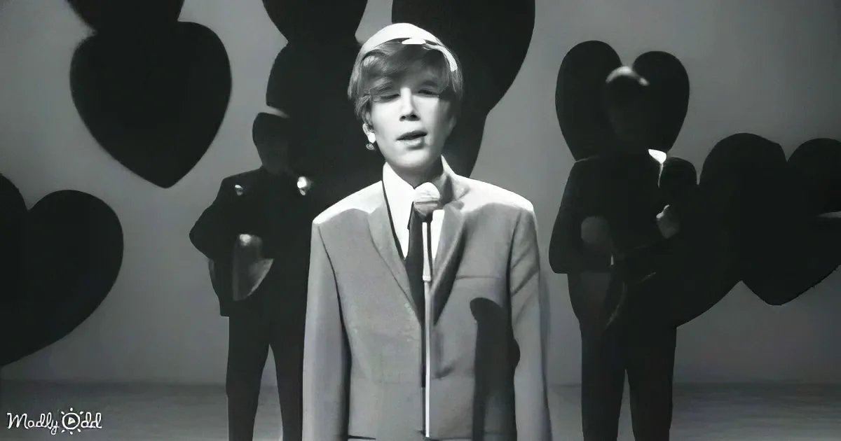 A man in a suit sings into a microphone, surrounded by shadowy figures and heart shapes.