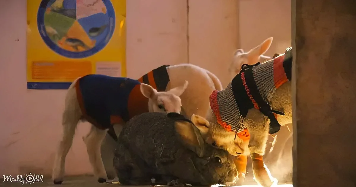 Giant bunny and baby lambs