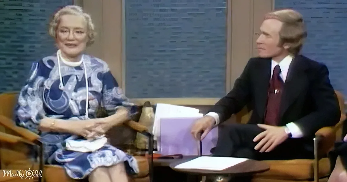 A woman in a blue patterned dress sits next to a man in a suit on a talk show set.