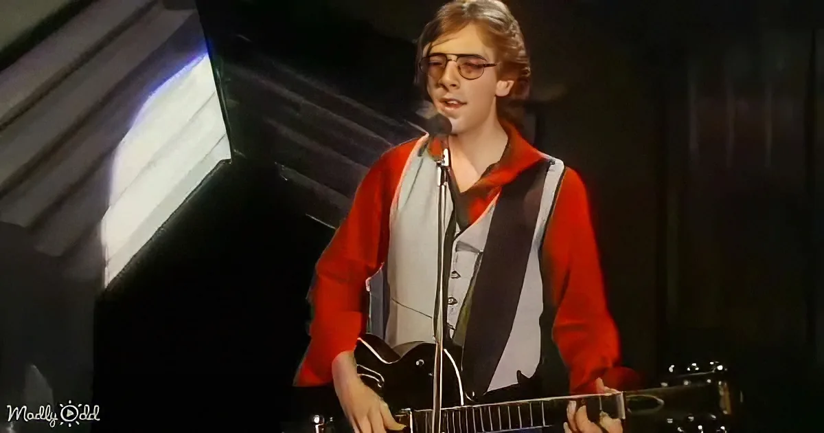 A person in a red jacket and glasses plays a guitar on stage with a microphone.