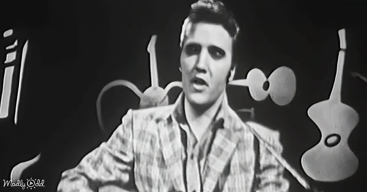Elvis Presley in a plaid shirt, singing, with guitars and a microphone in the background.