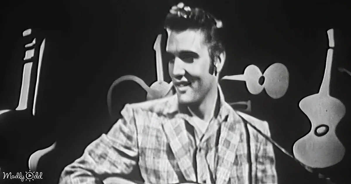 Elvis Presley in a plaid suit, smiling, with a guitar and microphone in the background.