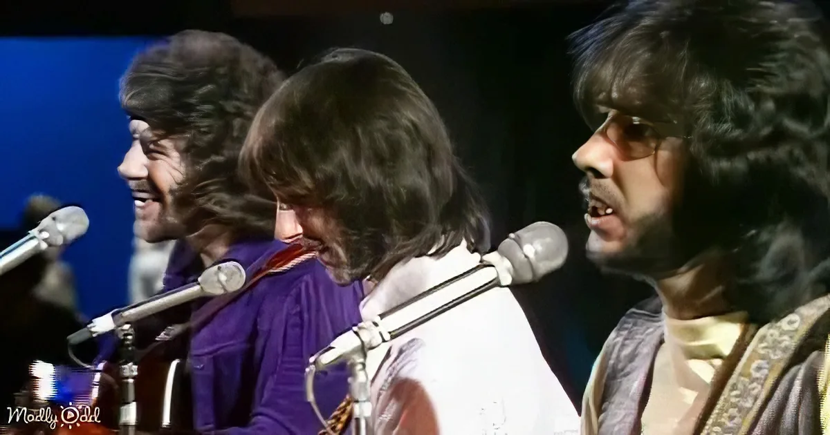 Three musicians with long hair and beards sing into microphones, wearing colorful outfits.