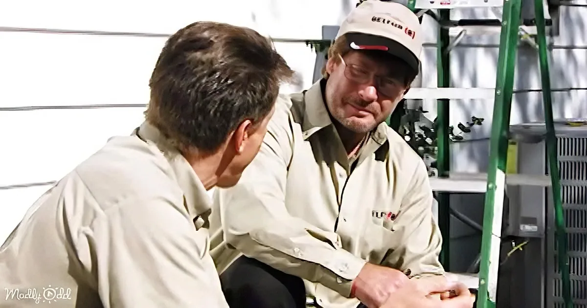 Two men in beige uniforms are engaged in conversation, with one gesturing while the other listens attentively.