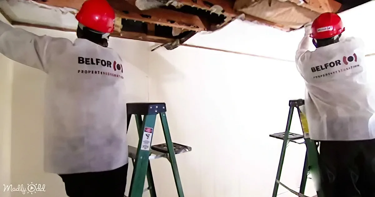 Two workers in Belfor uniforms and red helmets are on ladders, working on ceiling repairs.