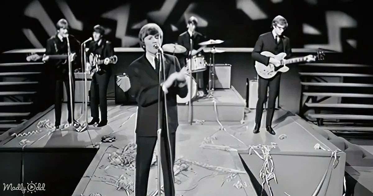 A band performs on stage with a lead singer in the center, surrounded by musicians and microphones.