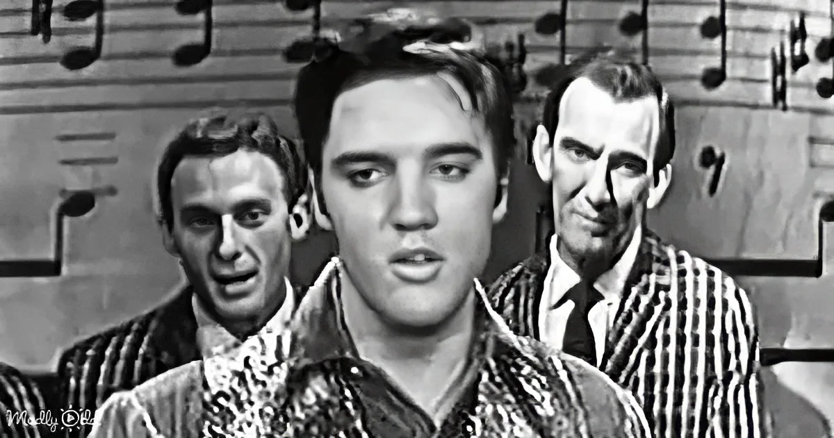 Elvis Presley in a black-and-white scene, surrounded by two men in striped shirts, with musical notes in the background.