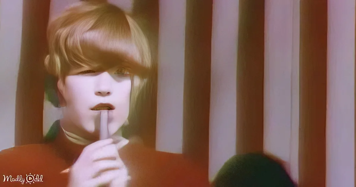 A person with blonde hair and a microphone, partially obscured by vertical bars, appears to be singing or speaking.