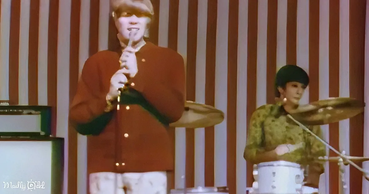 A person in a brown jacket and hat plays a harmonica on stage, with another person playing drums in the background.
