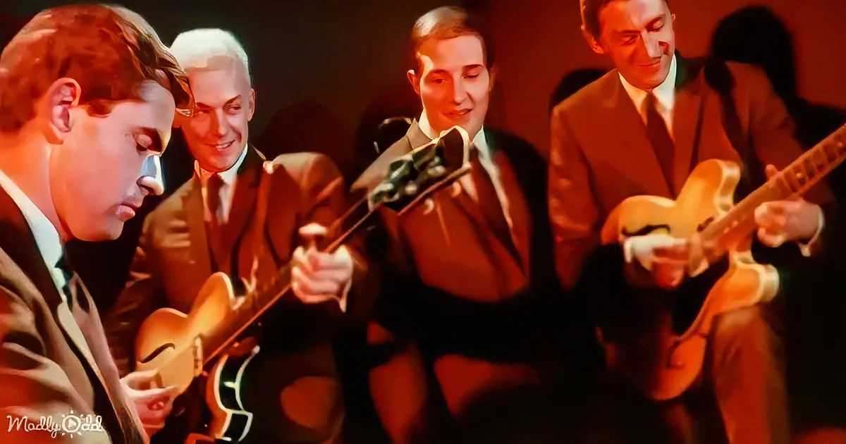 A group of men in suits play guitars, creating a vintage musical scene.