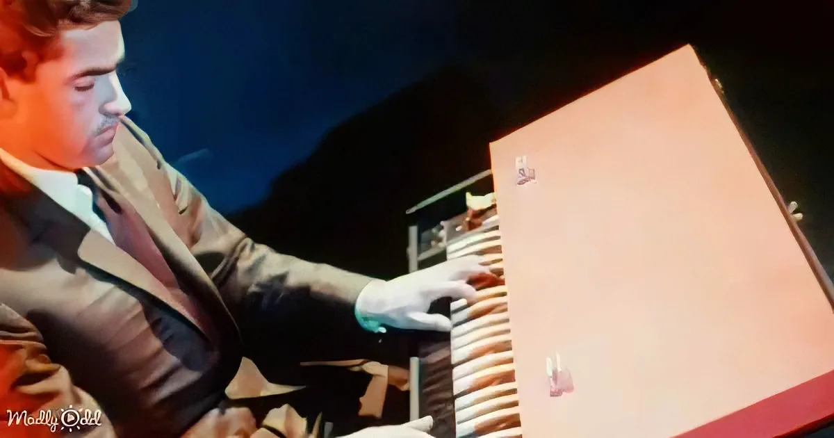 A man in a suit plays a piano on stage, wearing white gloves.