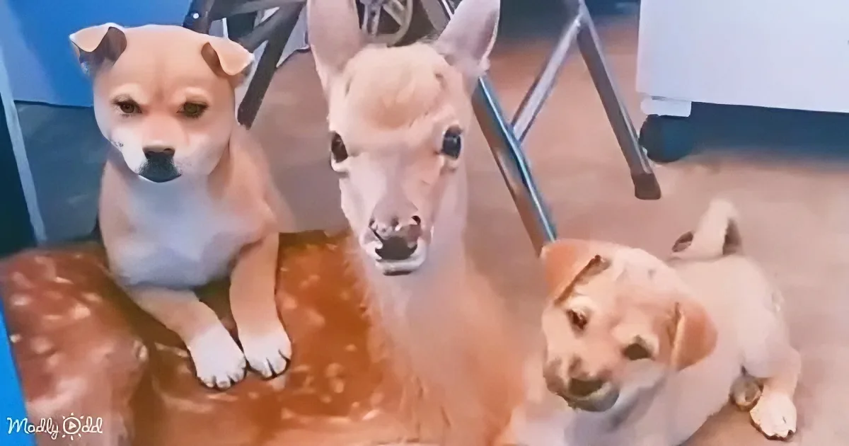A deer and two dogs are sitting on a wooden floor, looking up.