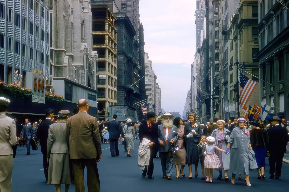A parade with people in formal attire, flags, and floats, likely in a city street.