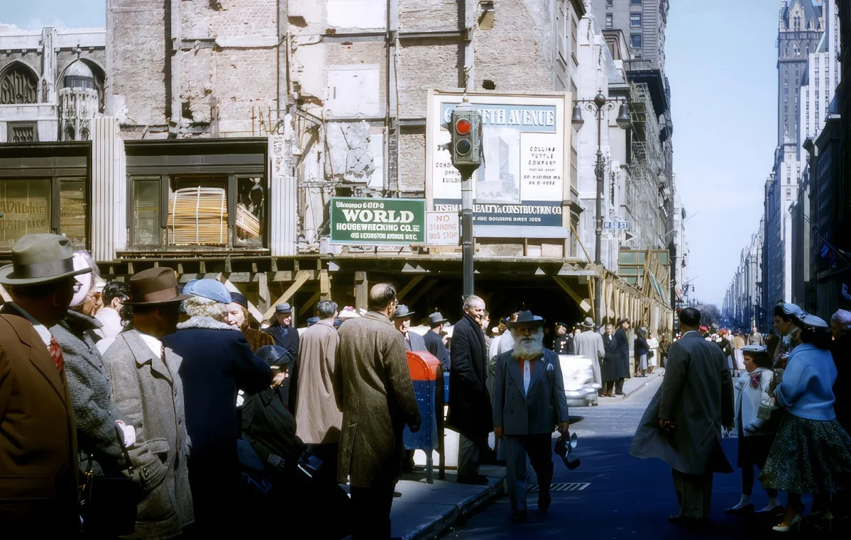 Pedestrians walk along a bustling city street with construction and signs for Fifth Avenue.