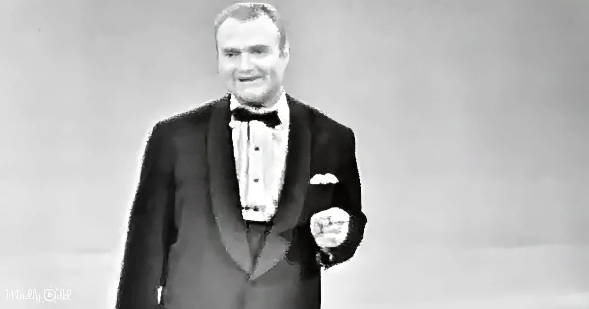 A man in a tuxedo and bow tie smiles while holding a small object, possibly a trophy or award.