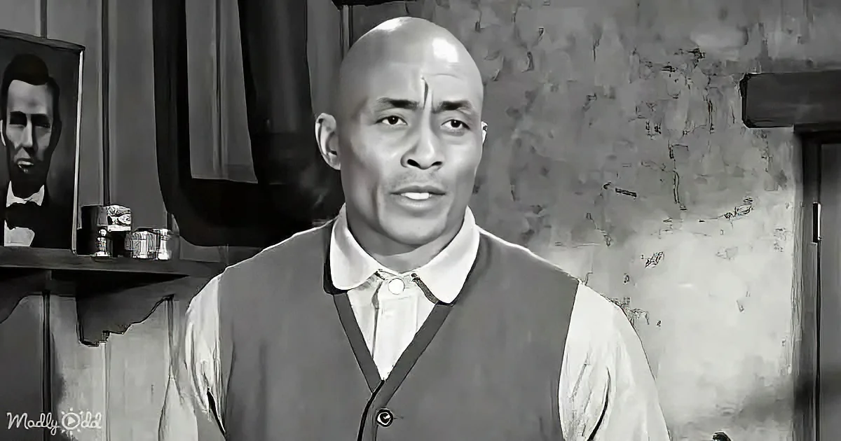 A man in a vest and white shirt stands in a dimly lit room with a portrait and shelf in the background.