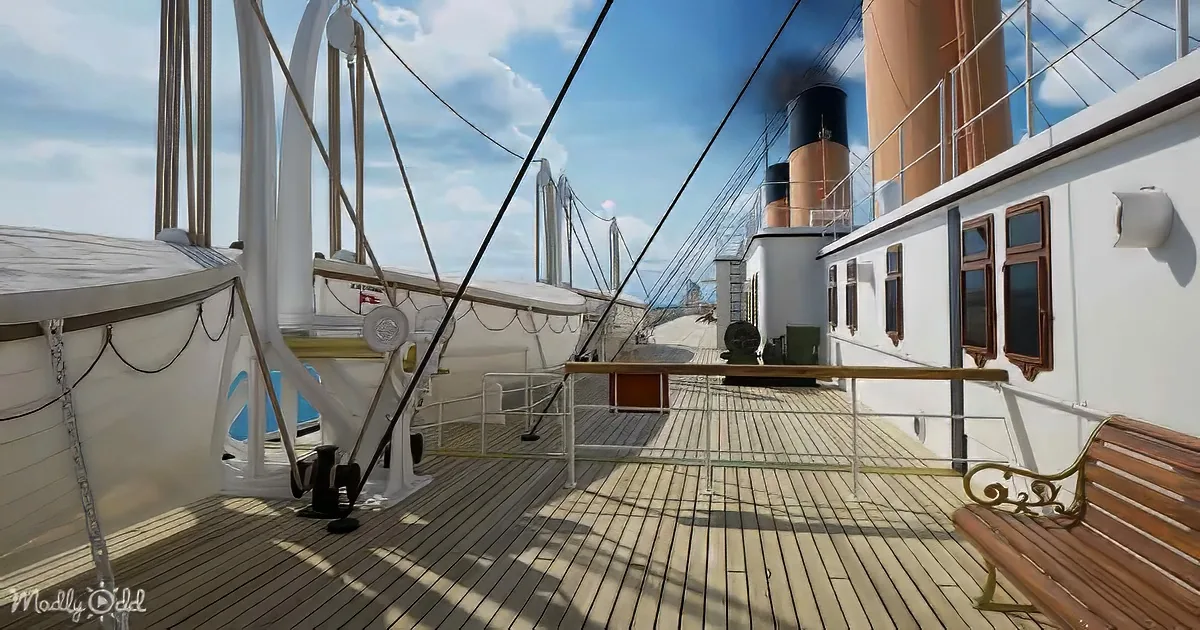 The deck of a ship with wooden planks, railings, lifeboats, and a view of the smokestacks.