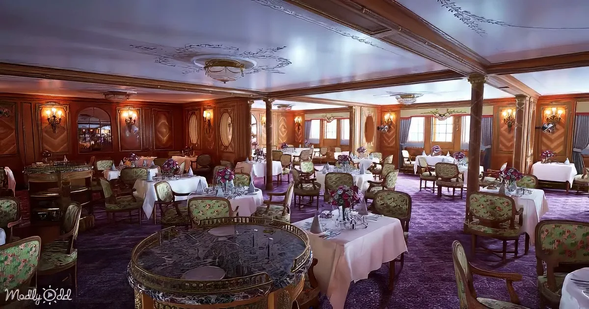 Elegant dining room with ornate tables, floral chairs, and purple carpeting.