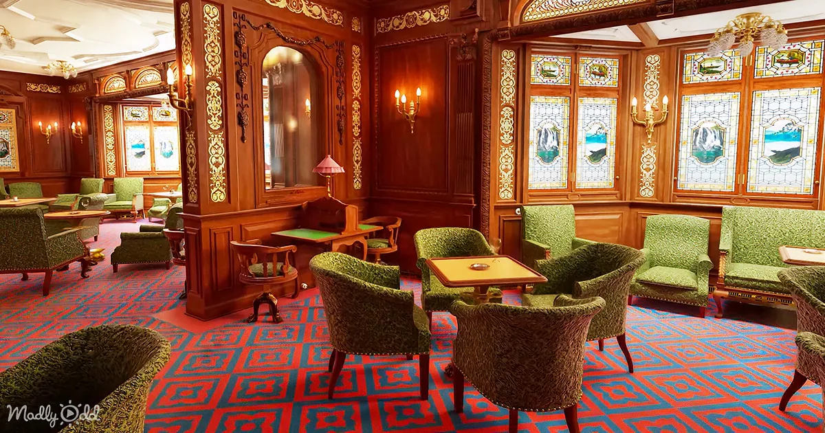 Luxurious room with ornate wood paneling, stained glass windows, and green upholstered chairs around tables.