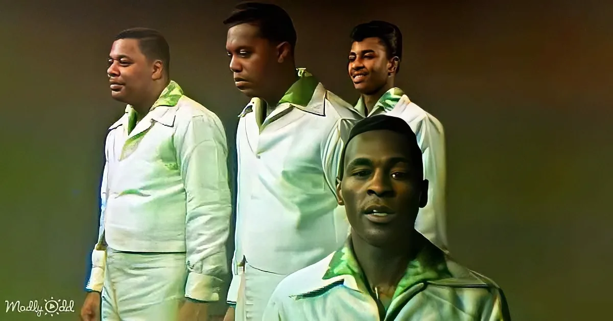 Four men in white and green outfits stand in a row, one smiling, against a dark background.