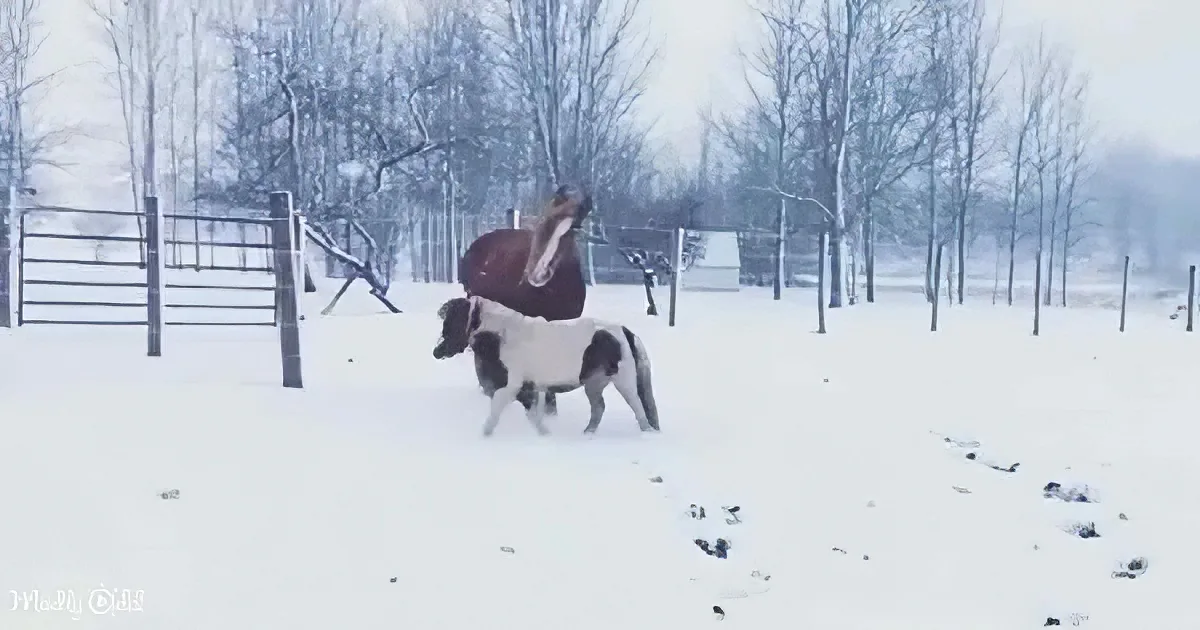 A brown horse and a black-and-white foal stand together in a snowy field, surrounded by bare trees.