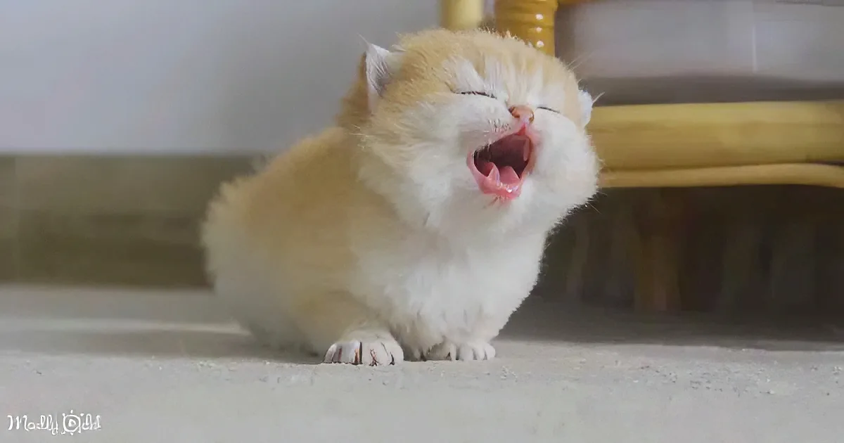 A fluffy, light-colored cat yawns widely, sitting on a light surface with a blurred background.