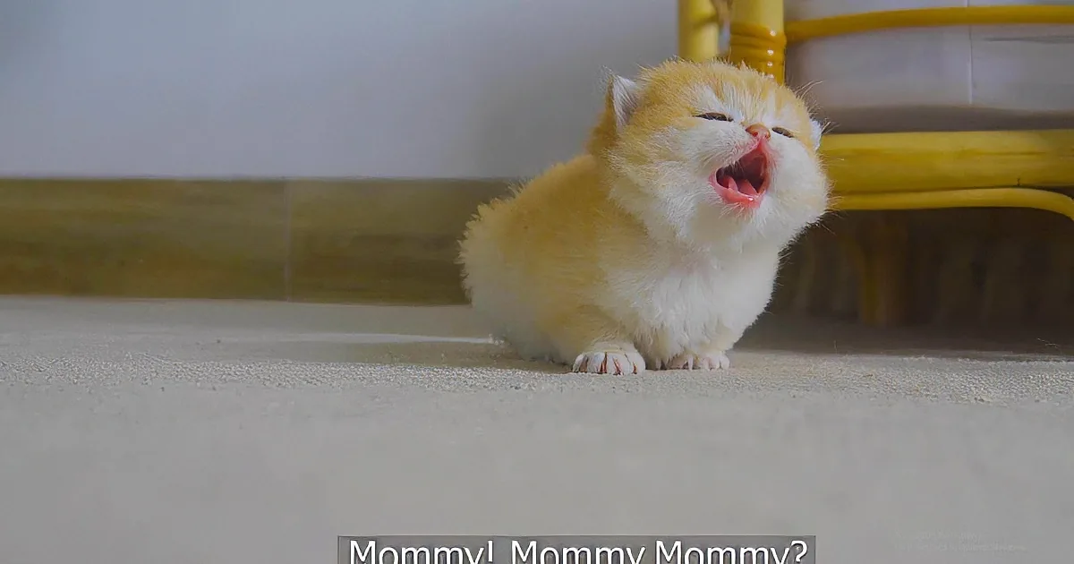A fluffy orange and white kitten with wide eyes and an open mouth, sitting on a wooden floor.