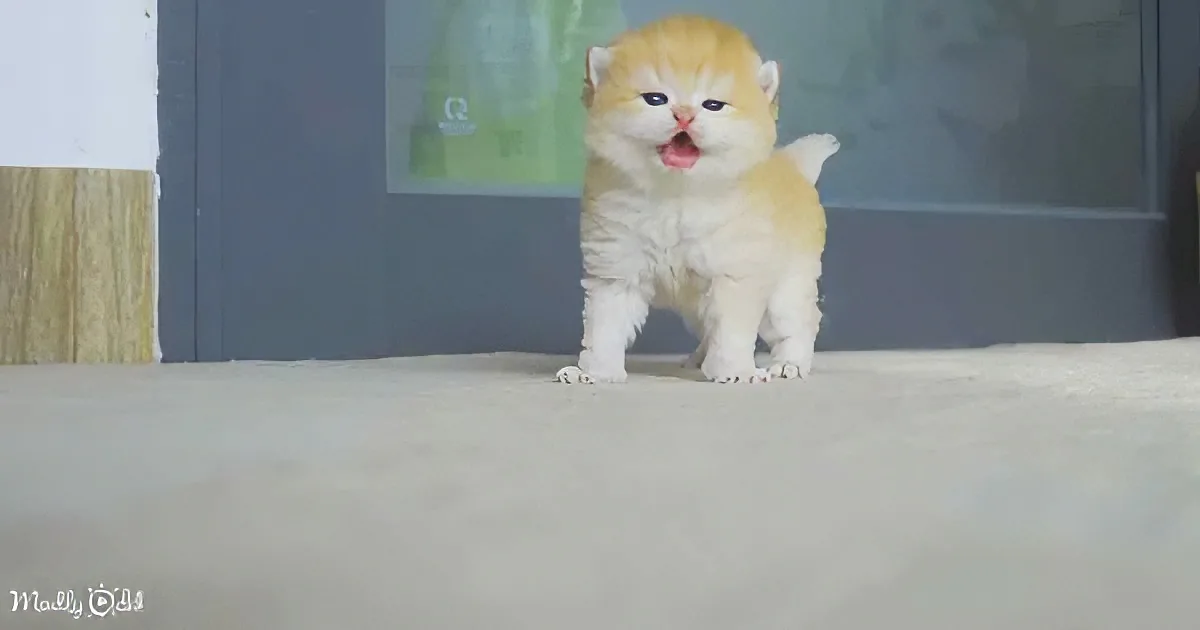 A small, fluffy, orange and white kitten stands on a carpet, looking slightly to the side with its tongue out.