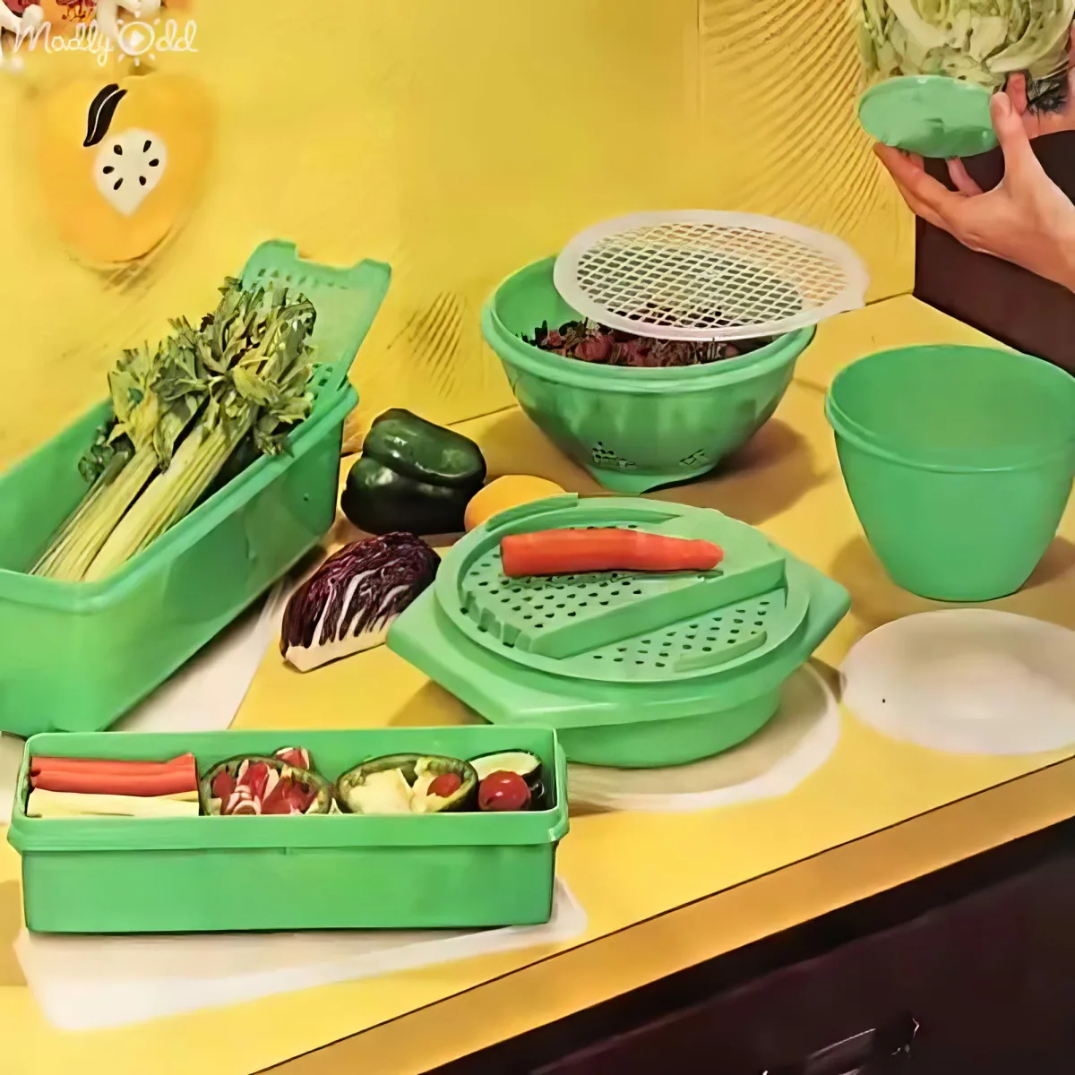 A vibrant kitchen scene featuring green Tupperware containers, vegetables, and a person holding a bowl.