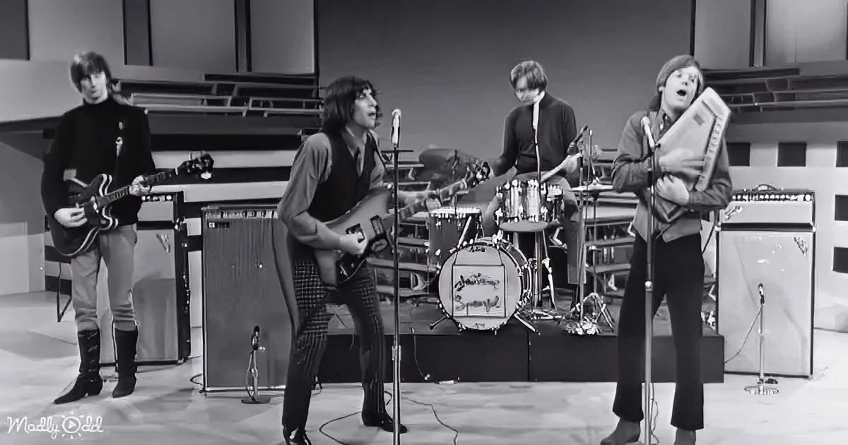A band performs on stage with guitars, drums, and a harmonica player.
