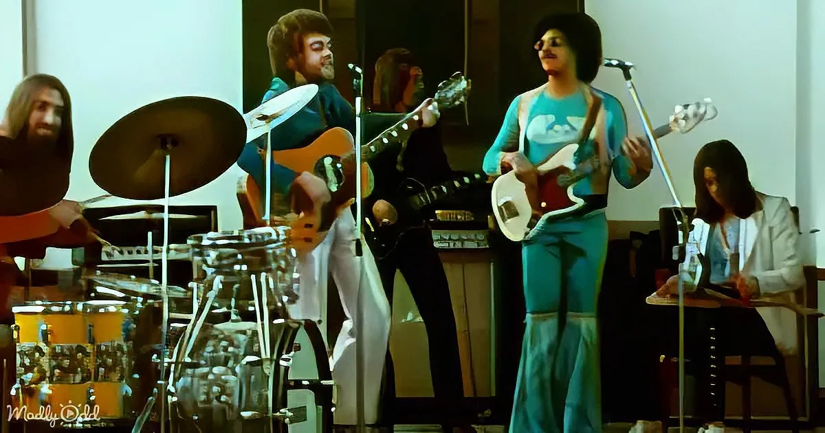 A band performs with a drummer, guitarist, bassist, and keyboardist in a retro-styled setting.