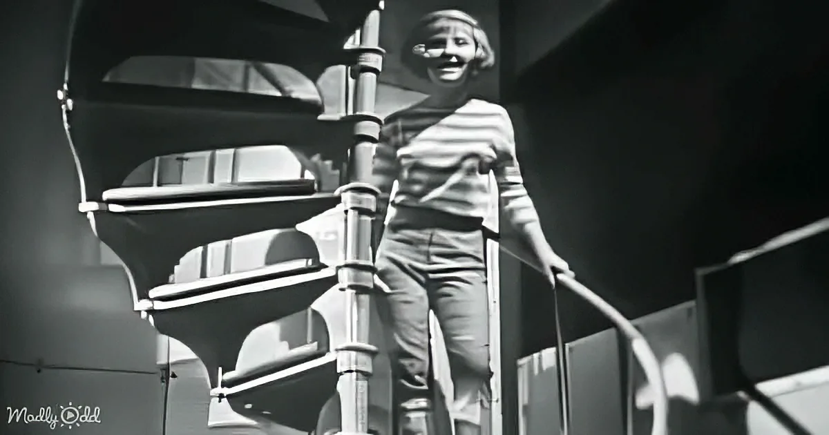 A person in a striped shirt stands on a staircase, smiling, with a dark, shadowy background.