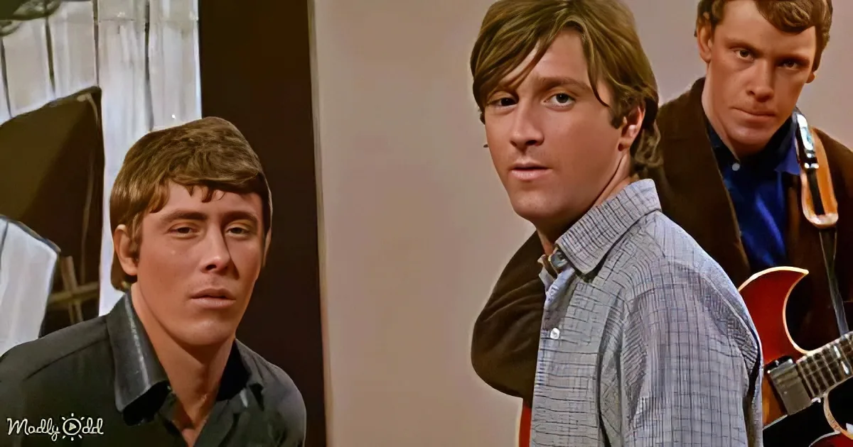 A man in a plaid shirt stands in front of two other men, one holding a guitar, in a room with curtains.