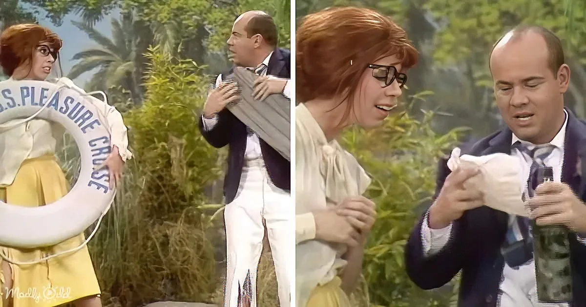 A woman in a yellow dress holds a life preserver while a man in a tuxedo looks on, both in a lush, tropical setting.