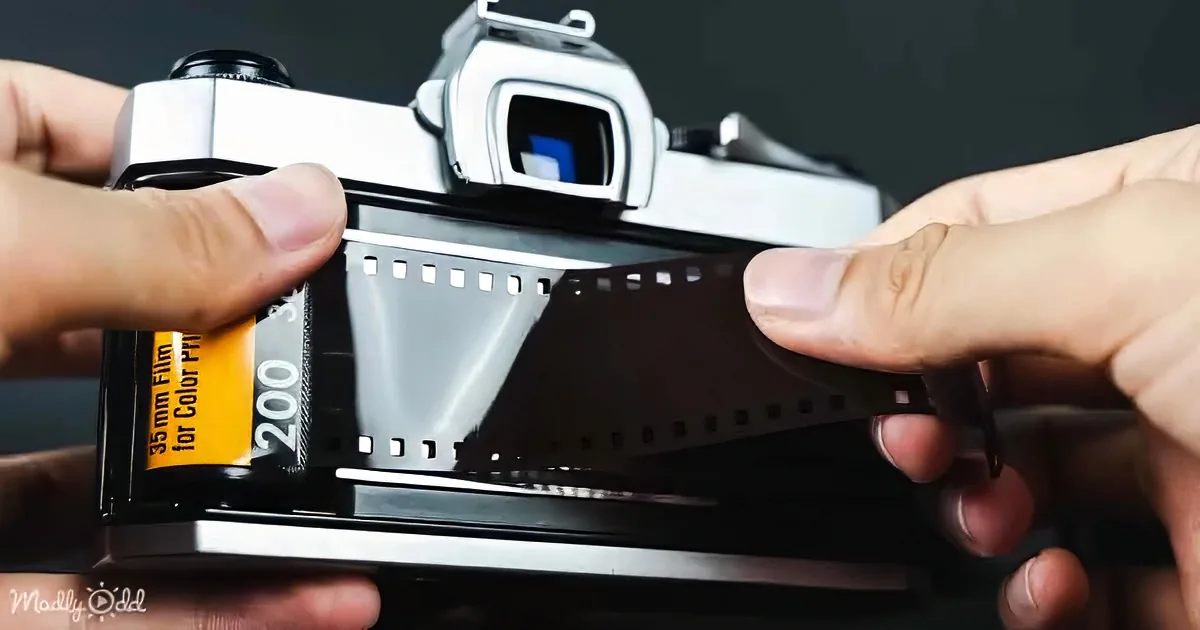 A person is inserting 35mm film into a camera, preparing to take a photo.