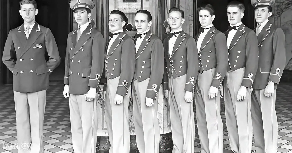 A group of young men in formal uniforms stands in a line, posing for a photograph.