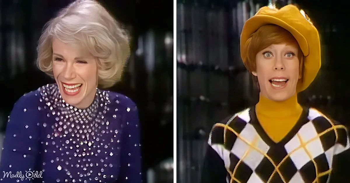 Two women, one in a sparkly blue dress laughing, and the other in a yellow hat and checkered outfit with a surprised...