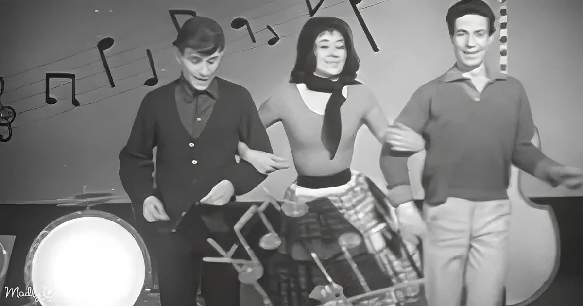 Three people in vintage attire perform a musical act with drums and musical notes in the background.