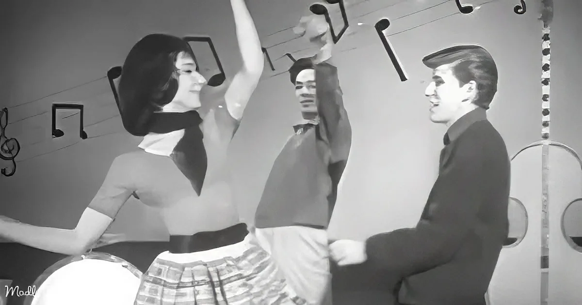 A woman in a plaid skirt dances with a man in a suit, surrounded by musical notes and instruments.