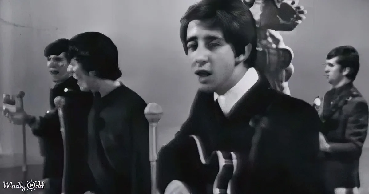 A man in a black sweater sings into a microphone, surrounded by other musicians in a vintage setting.