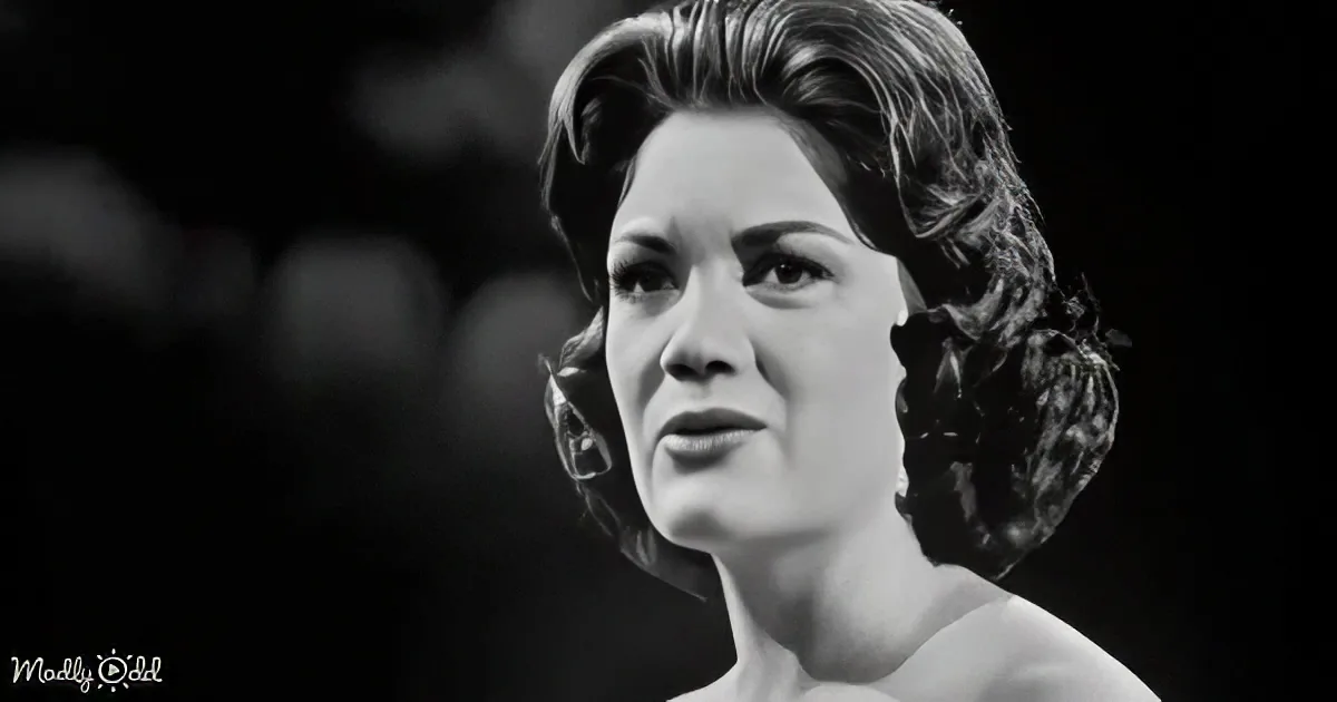 A woman with styled hair and a serious expression, possibly from a vintage film or photograph.