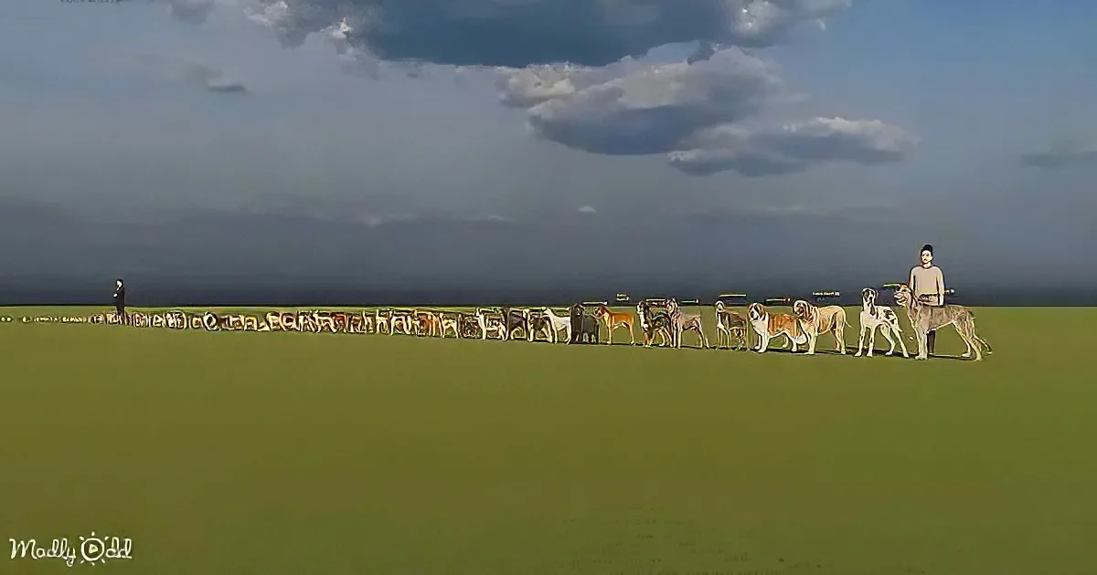 A long line of dogs stretches across a vast green field under a cloudy sky.