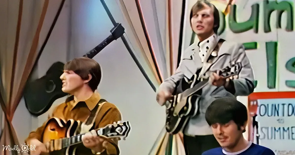 A man in a brown shirt plays a guitar, another in a white jacket plays a black guitar, both on stage.