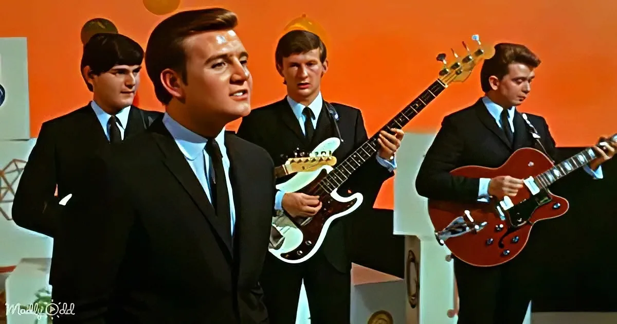 A man in a suit sings while a band plays guitars in a vibrant orange setting.