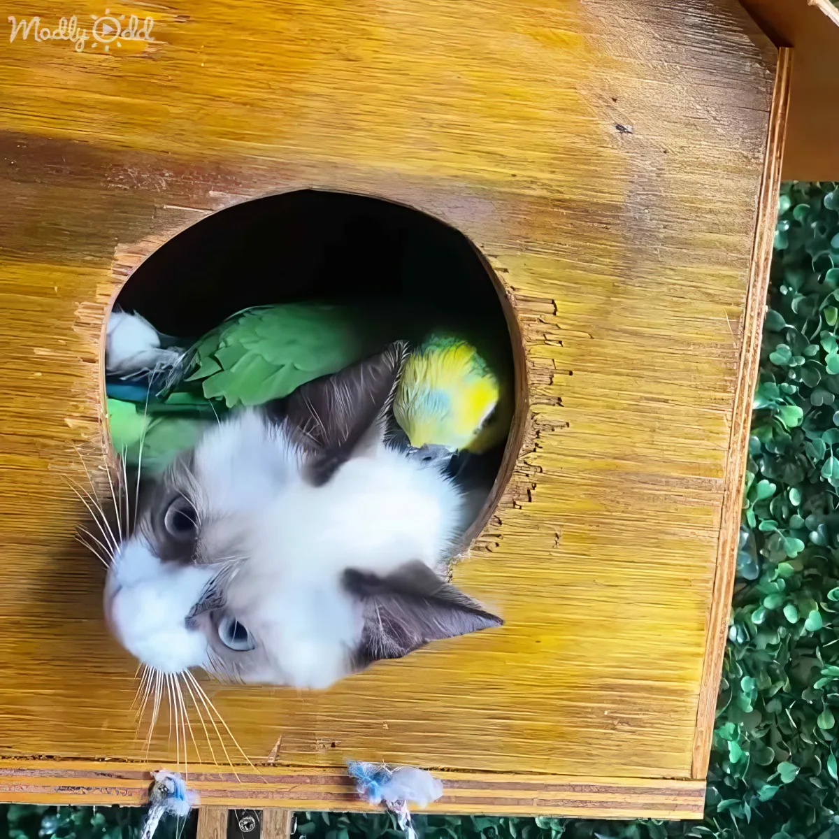 A white and gray cat peers out from a wooden birdhouse, with a parrot partially visible inside.